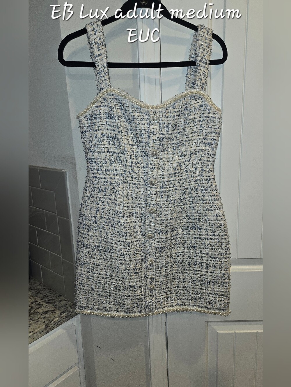 Luxe Pearl-Trim Tweed Mini Dress in Ivory and Navy